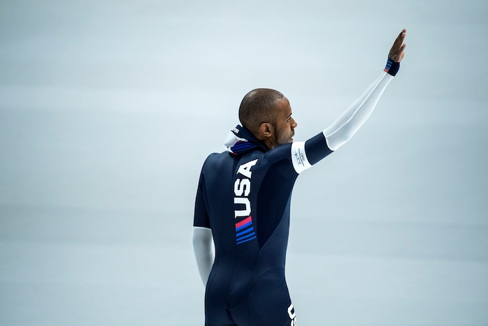 (Chris Detrick  |  The Salt Lake Tribune) Shani Davis of the United States reacts after competing in the Men's 1,000m at Gangneung Oval during the Pyeongchang 2018 Winter Olympics Friday, Feb. 23, 2018. Davis finished in 7th place with a time of 1:08.78. 