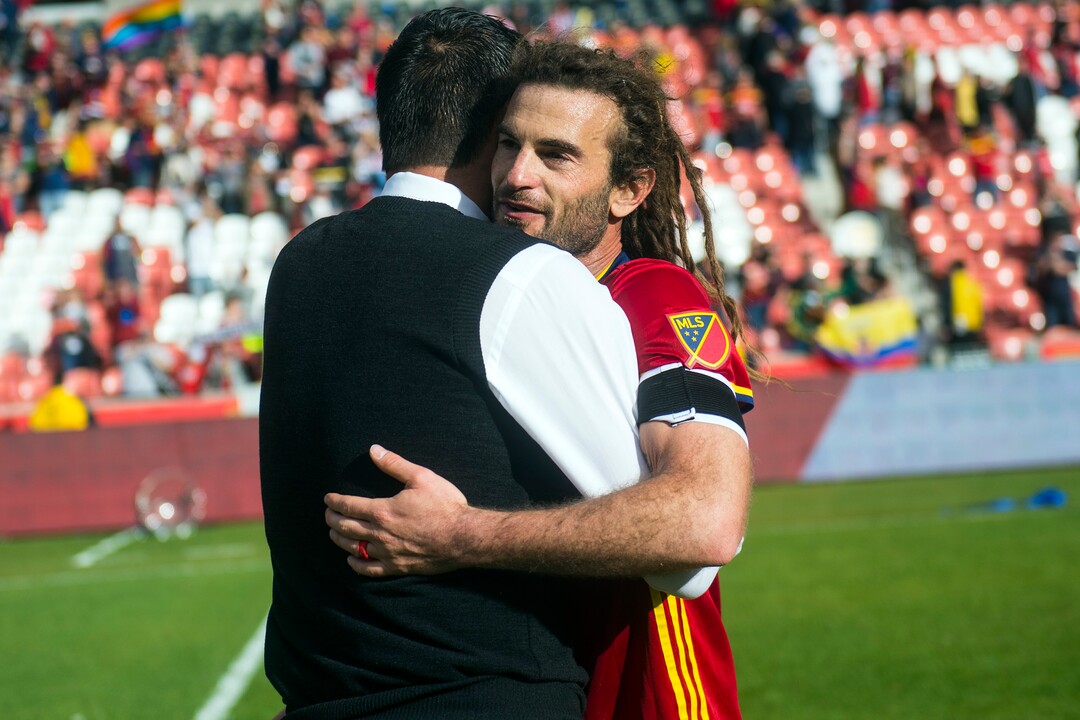 (Chris Detrick  |  The Salt Lake Tribune)  Real Salt Lake midfielder Kyle Beckerman (5) and Real Salt Lake Head Coach Mike Petke hug after the game at Rio Tinto Stadium Sunday, October 22, 2017.  