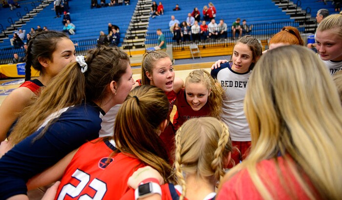 (Trent Nelson | The Salt Lake Tribune)  Springville players huddle up pre-game as Skyline faces Springville in the 5A High School Girls' Basketball Tournament at SLCC in Taylorsville, Wednesday Feb. 21, 2018.