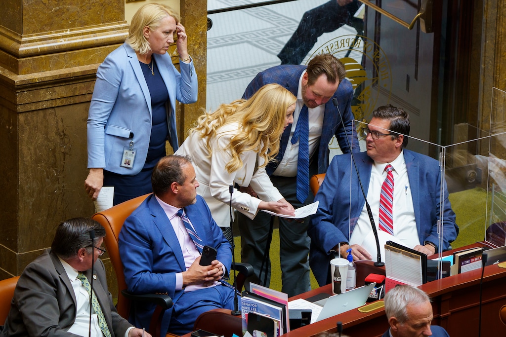 (Trent Nelson | The Salt Lake Tribune) House Republicans confer around House Majority Leader Francis Gibson, R-Mapleton, after Democrats walked out before a resolution on critical race theory was debated at the State Capitol in Salt Lake City in May 2021.