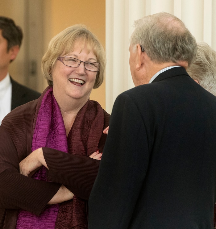 (Rick Egan | The Salt Lake Tribune) Justice Christine M. Durham visits with Leonard and Alene Russon, during Judge Durham's retirement reception at the Matheson Courthouse, Monday, November 13, 2017.