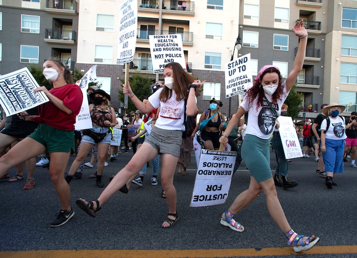 (Rick Egan  |  The Salt Lake Tribune)   Protesters dance in the streets of Salt Lake City, during the Dance Dance Revolution protest for racial equality, on Sunday, Aug. 9, 2020.