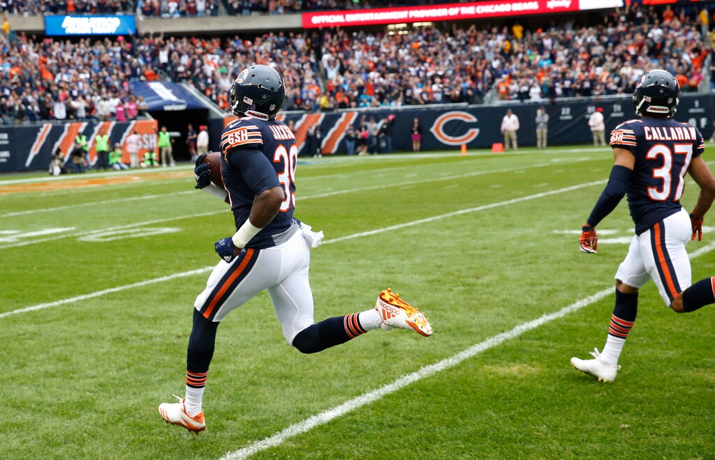 Chicago Bears free safety Eddie Jackson (39) returns a fumble for a 75-yard touchdown during the first half of an NFL football game against the Carolina Panthers, Sunday, Oct. 22, 2017, in Chicago. (AP Photo/Charles Rex Arbogast)