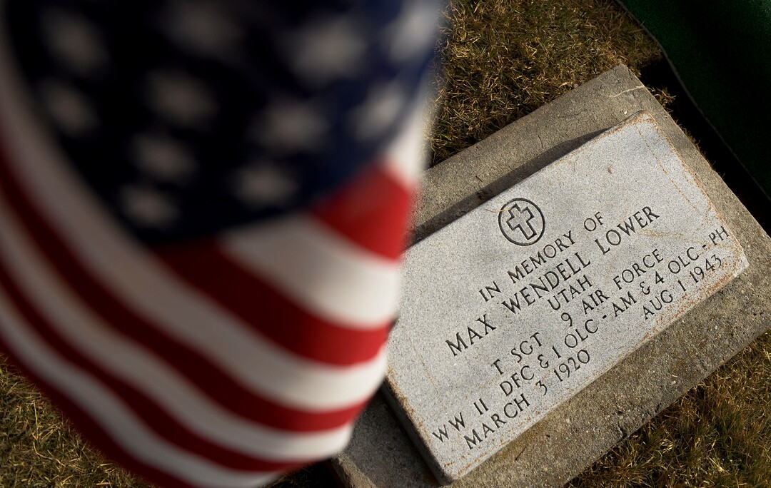 (Leah Hogsten  |  The Salt Lake Tribune)  World War II airman Max W. Lower is buried with full military honors and a military aircraft flyover on Saturday, November 23, 2019, the Lewiston City Cemetery, 77 years after he was deployed overseas. Lower, a radio operator on a B-24 Liberator bomber, was killed when the plane was shot down Aug. 1, 1943, over Ploiesti, Romania. The Lewiston native was 23.