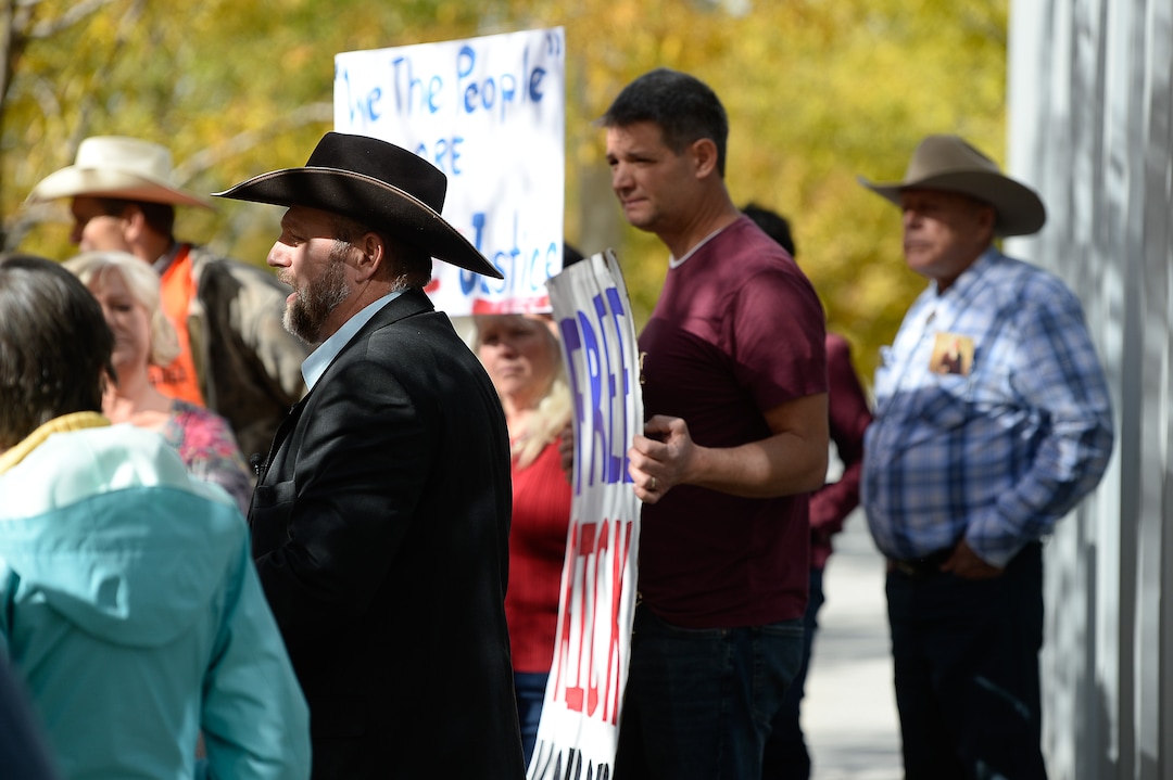 (Francisco Kjolseth  |  The Salt Lake Tribune)  Ammon Bundy speaks to supporters and the media on the case of convicted fraudster Rick Koerber as they gather ahead of his court sentencing in Salt Lake City at the Federal Courthouse on Tuesday, Oct. 15, 2019, ending a nearly two decade white collar crime saga.