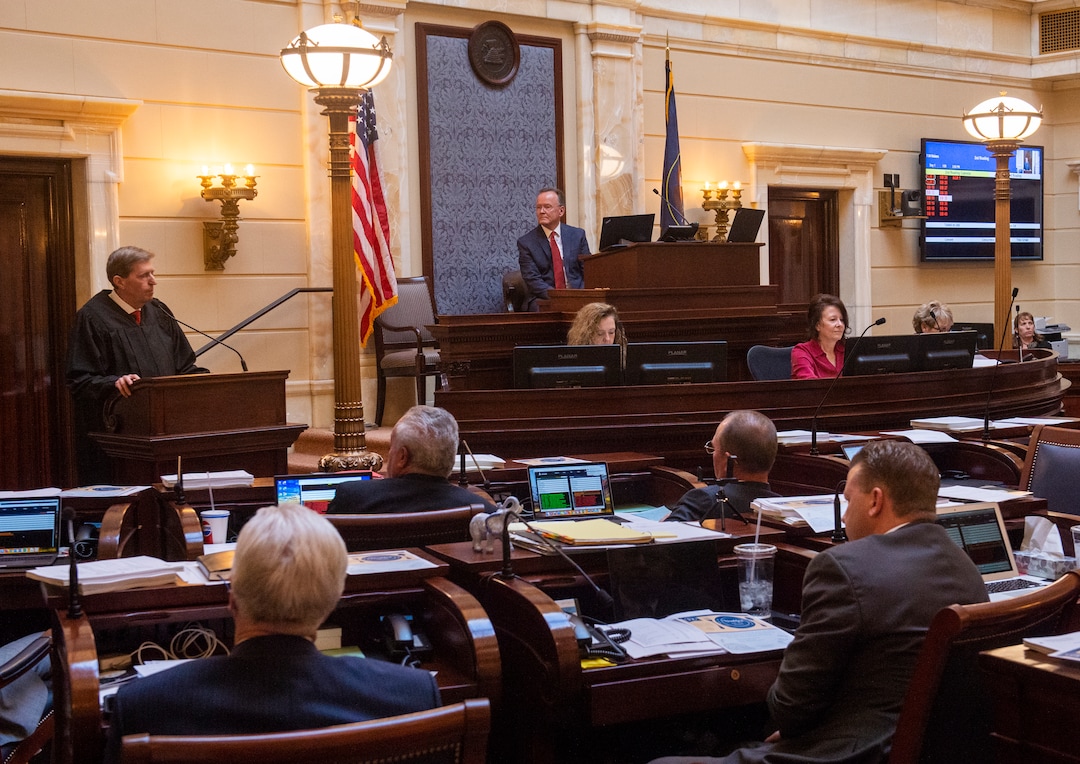 (Rick Egan  |  The Salt Lake Tribune)      New Senate President Stuart Adams  listens as Matthew B. Durrant, Chief Justice of the Utah Supreme Court and Chair of the Utah Judicial Council, gives his State of the Judiciary Address in the Senate, Monday, Jan. 28, 2019.