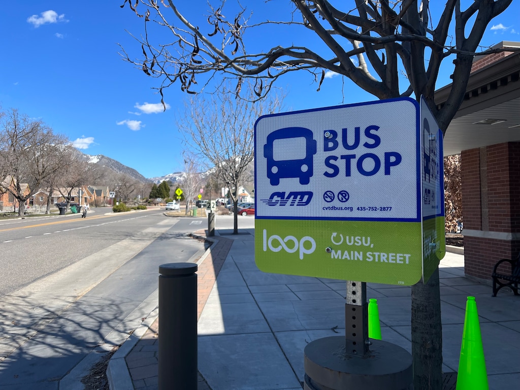 (Jacob Scholl | The Salt Lake Tribune) A bus stop at the Cache Valley Transit Hub on March 20, 2024 in Logan. This year, lawmakers gave CVTD $5 million in public funding to help finish building a new headquarters building.