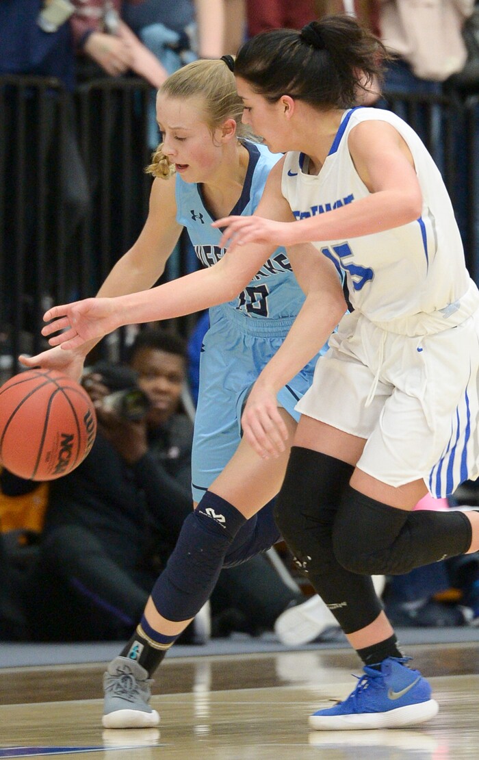 (Leah Hogsten  |  The Salt Lake Tribune)  Westlake's Samantha Hester (10) battles Fremont's Mazzie Melaney (15). Fremont faces Westlake in their semifinal game of the 6A High School Girls' Basketball Tournament at SLCC in Taylorsville, Friday, Feb. 23, 2018. 