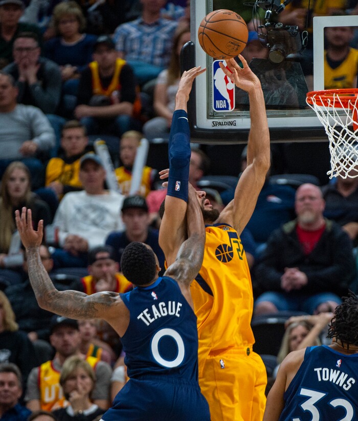 (Rick Egan  |  The Salt Lake Tribune)     Minnesota Timberwolves guard Jeff Teague (0) stops Utah Jazz center Rudy Gobert (27) from scoring, in NBA action between the Utah Jazz and the Minnesota Timberwolves in Salt Lake City, Monday, Nov. 18, 2019.
