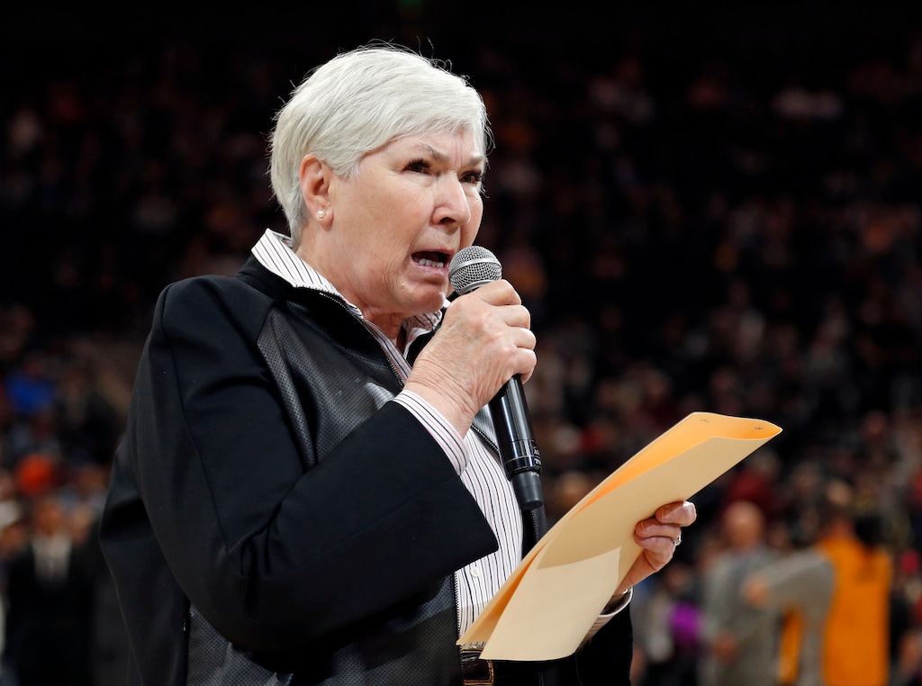 (Rick Bowmer | AP photo) Gail Miller, owner and chairwoman of the Utah Jazz, addresses the crowd before an NBA basketball game against the Minnesota Timberwolves, Thursday, March 14, 2019, in Salt Lake City. Miller warned fans to not engage in inappropriate language with players. There was a recent incident involving a fan and a player from the Oklahoma Thunder where the fan has since been banned from Vivint Smart Home Arena.