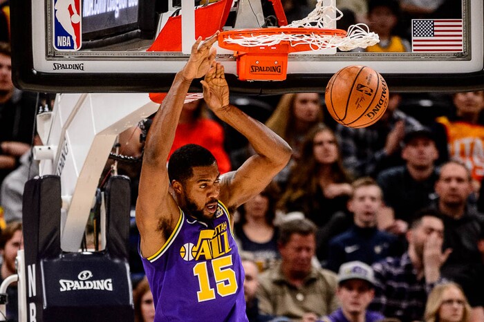 (Trent Nelson | The Salt Lake Tribune)  
Utah Jazz forward Derrick Favors (15) dunks. The Utah Jazz host the Houston Rockets, NBA basketball in Salt Lake City on Thursday Dec. 6, 2018.