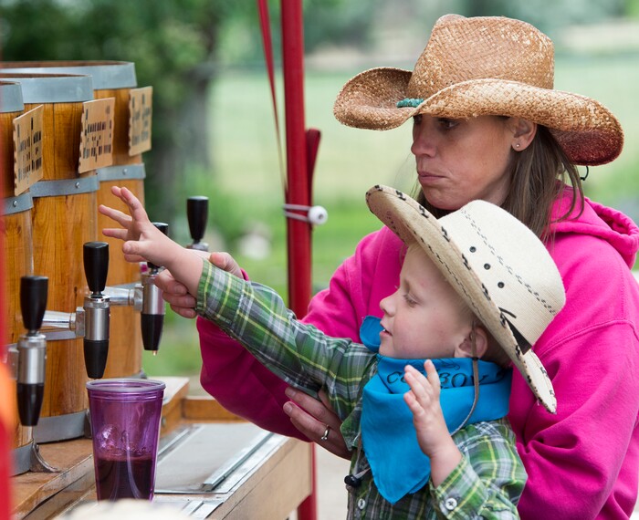 (Rick Egan  |  The Salt Lake Tribune)  Three-year-old, Nash Noor helps his mother Kira Noor from Logan, pour some root beer in a cup, at the13th Annual Cowboy Legends, Music & Poetry Festival at the Historic Fielding Garr Ranch on Antelope Island, Sunday, May 27, 2018. The Festival continues through Monday. 