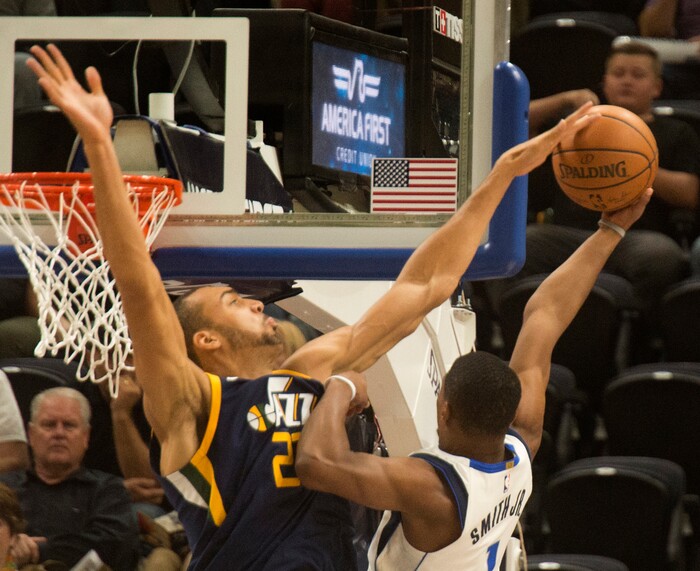 (Rick Egan  |  The Salt Lake Tribune) Utah Jazz center Rudy Gobert (27) blocks a shot by Dallas Mavericks guard Dennis Smith Jr. (1), in NBA action Utah Jazz vs. Dallas Mavericks, in Salt Lake City, Monday, October 30, 2017.