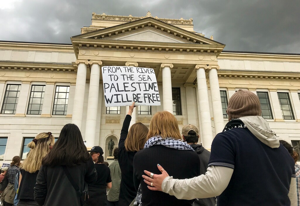 (Courtney Tanner | The Salt Lake Tribune) People attend a rally in support of Palestine on the University of Utah campus in Salt Lake City, Monday, April 29, 2024.