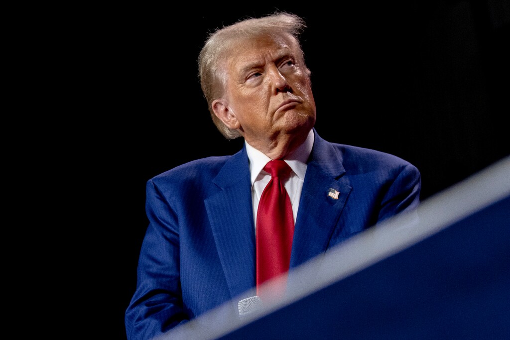 (Jim Vondruska | The New York Times) Former President Donald Trump appears at a campaign rally at the La Crosse Center, in La Crosse, Wis., on Aug. 29, 2024.