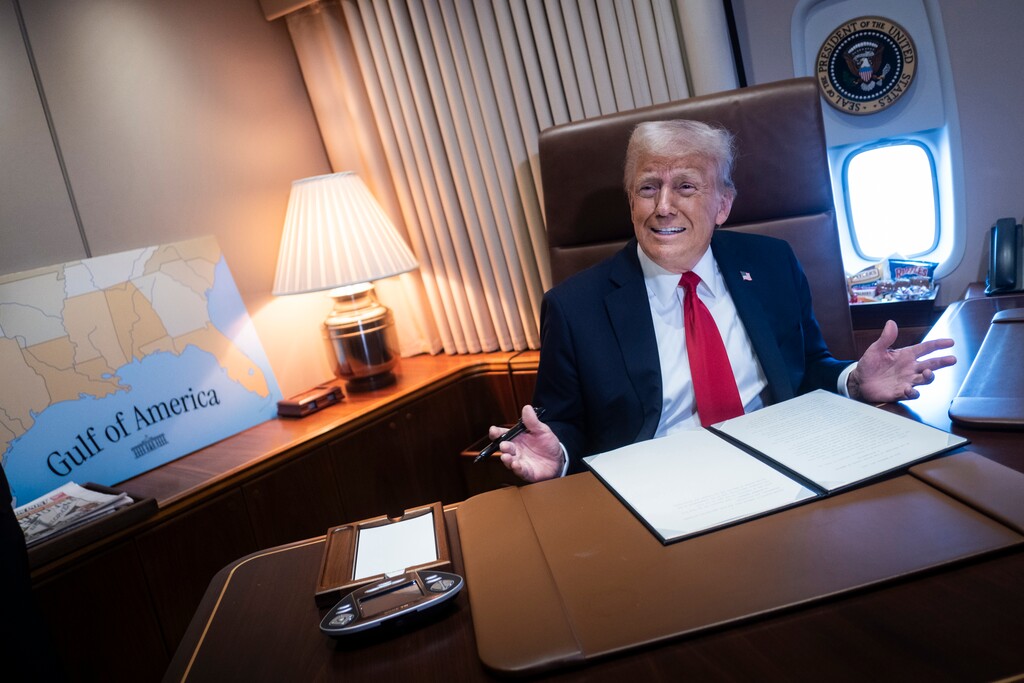 (Pete Marovich | The New York Times) President Donald Trump speaks to reporters about his proclamation renaming the Gulf of Mexico to the Gulf of America, aboard Air Force One, en route to New Orleans to attend the Super Bowl, on Sunday, Feb. 9, 2025.