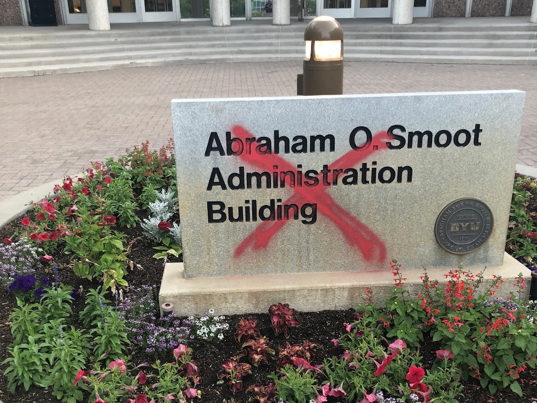 (Photo courtesy of BYU Police) Pictured is the statue of sign to the Abraham O. Smoot Administration Building on campus at Brigham Young University that was painted with an "X" on June 14 or 15, 2020.