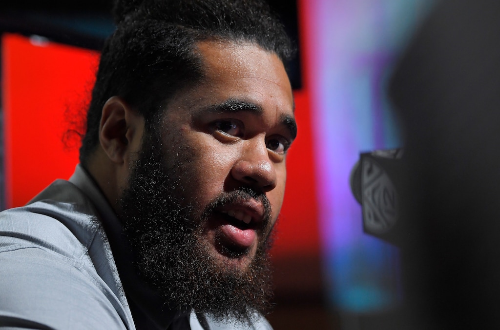 Utah offensive lineman Salesi Uhatafe speaks at Pac-12 NCAA college football Media Day, Thursday, July 27, 2017, in the Hollywood section of Los Angeles. (AP Photo/Mark J. Terrill)