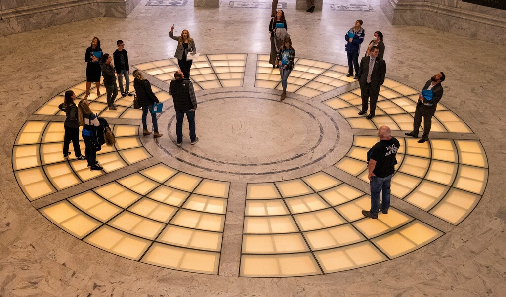 (Rick Egan | The Salt Lake Tribune) Rep. Candice Pierucci leads a group from Utah Parents United on tour of the State Capitol on Monday, January 10, 2022. Pierucci is the sponsor of HB 163, which secures Utah athletes the right to wear religious clothing while participating in high school sporting events.