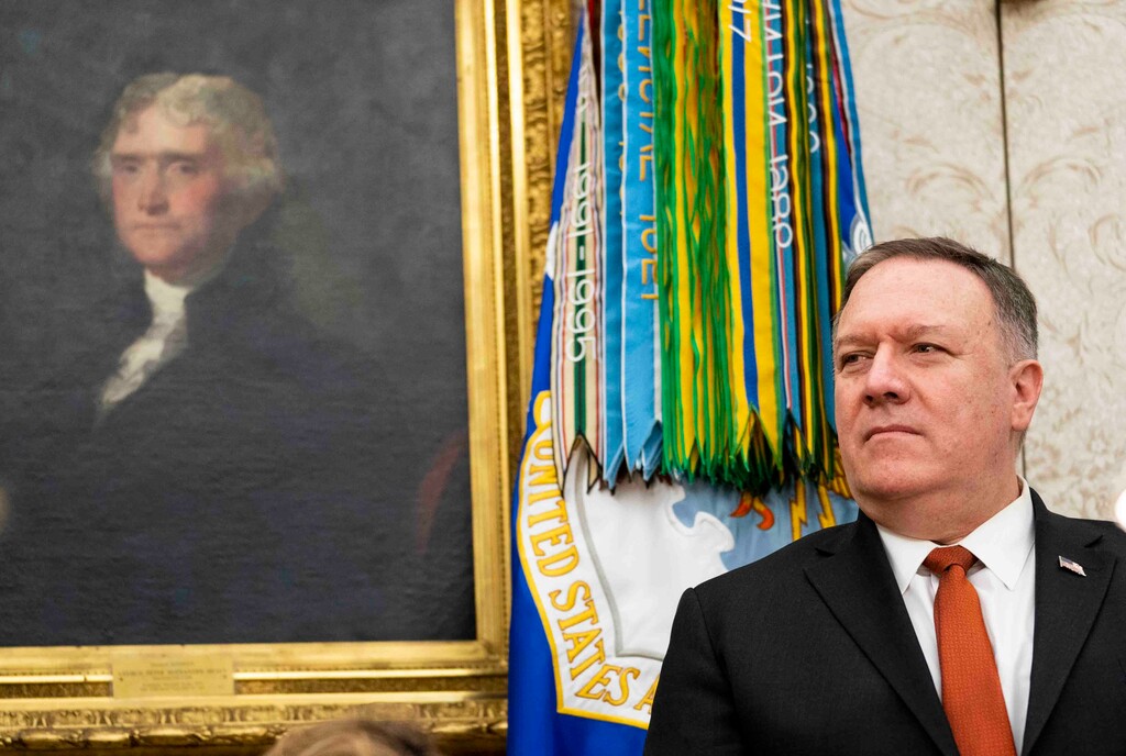 (Doug Mills | The New York Times) Secretary of State Mike Pompeo looks on as President Donald Trump meets with President of the Republic of Ecuador Lenín Moreno in the Oval Office of the White House in Washington, Feb 12, 2020. Nearly two months after the death of Iran’s most important general, the Trump administration insists its “maximum pressure” campaign is working — many allies are skeptical.
