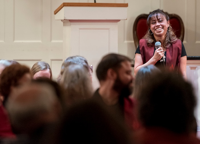 (Michael Mangum  |  Special to the Tribune)

In light spirit, Vicky Chavez speaks to the congregation during a vigil held at First Unitarian Church in Salt Lake City, UT on Wednesday, January 30th, 2019. The vigil marked the one-year anniversary of when Chavez came to the church with her children seeking sanctuary from deportation.