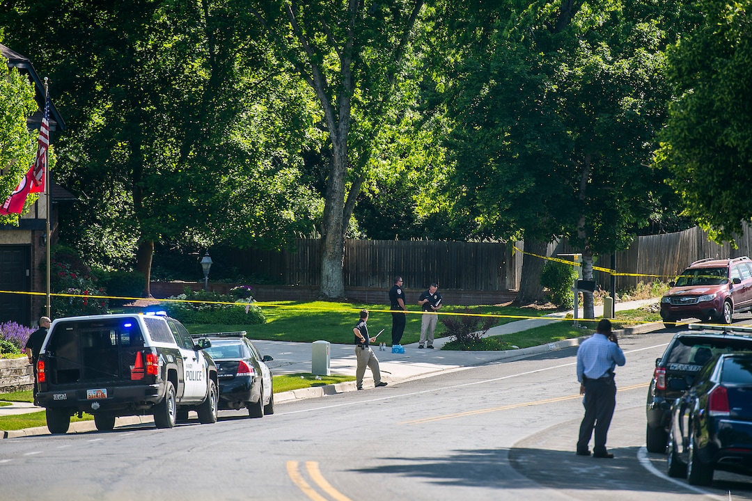 Chris Detrick  |  The Salt Lake TribunePolice officers investigate the scene of a shooting Tuesday, June 6, 2017. The shooting occurred at about 3:45 p.m. outside of a residence at about 2175 East and Alta Canyon Drive (about 8630 South), said Sandy police Sgt. Jason Nielsen. Nielsen said the shooter was among the dead and, therefore, there is no threat to the public.