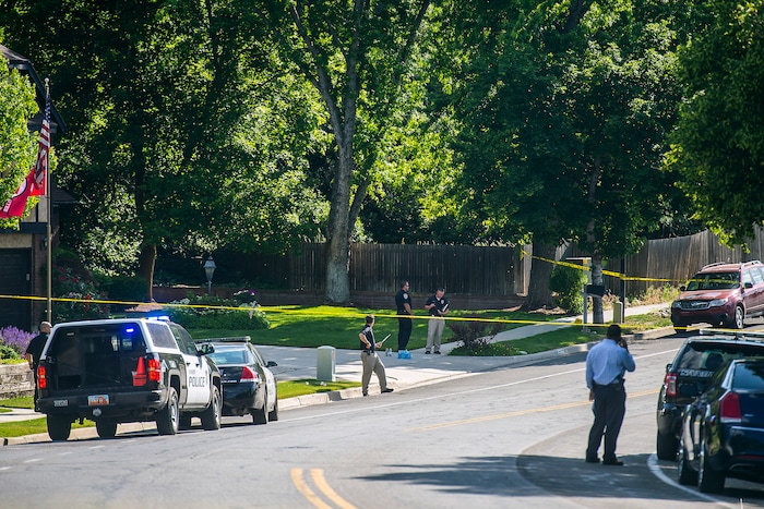 Chris Detrick | The Salt Lake Tribune
Police officers investigate the scene of a shooting Tuesday, June 6, 2017. The shooting occurred at about 3:45 p.m. outside of a residence at about 2175 East and Alta Canyon Drive (about 8630 South), said Sandy police Sgt. Jason Nielsen. Nielsen said the shooter was among the dead and, therefore, there is no threat to the public.