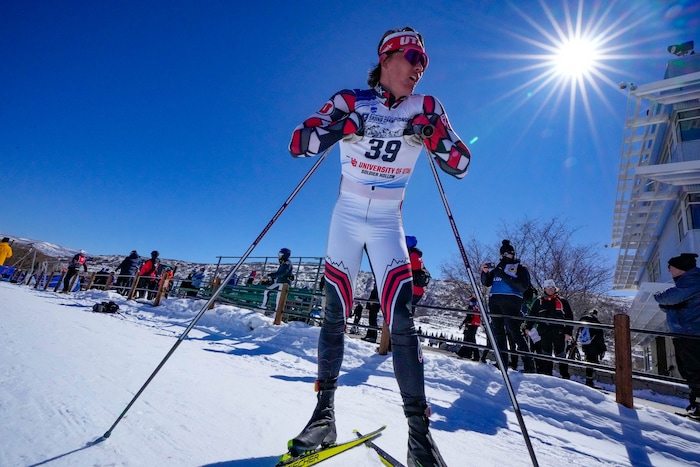 (Francisco Kjolseth | The Salt Lake Tribune) Luke Jager of the University of Utah catches is breath after competing in the men’s 10K classic during the NCAA Skiing Championships held at the Soldier Hollow Nordic Center on Thursday, March 10, 2022 in Midway, Utah. 