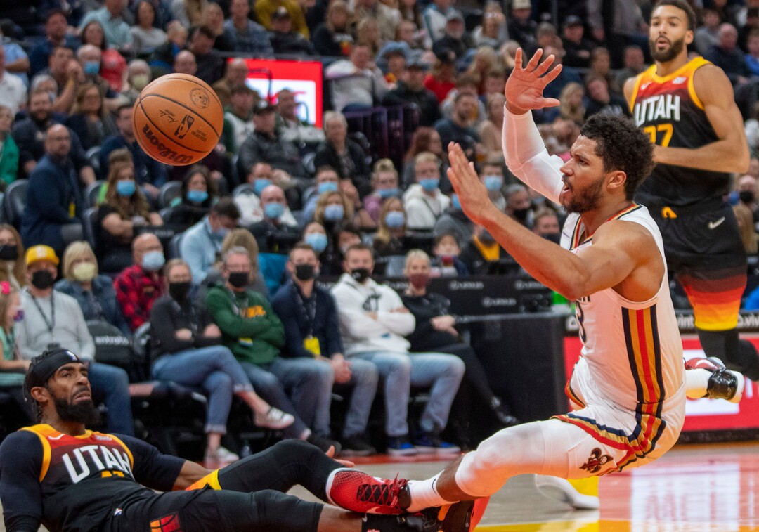 (Rick Egan | The Salt Lake Tribune)  Utah Jazz guard Mike Conley (11) stops a Pelican fast break by knocking the ball out of the hands of New Orleans guard Josh Hart (3), in NBA action between the Utah Jazall out of thez and the New Orleans Pelicans, at Vivint Arena, in Salt Lake City, on Friday, Nov. 26, 2021.