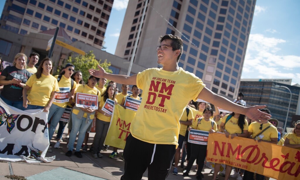 Josue De Luna a DACA beneficiary & member of the New Mexico Dream Team and hundreds of immigrants leaders from New Mexico and nine other states hold a rally to unveil the path forward in the fight to protect the DACA and TPS programs following the introduction of the new Dream Act bill, Friday, July 21, 2017 in Albuquerque, N.M. (Roberto E. Rosales/The Albuquerque Journal via AP)