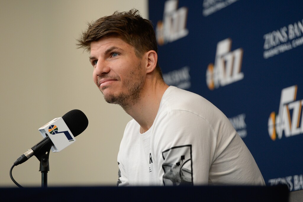 (Francisco Kjolseth  |  The Salt Lake Tribune)  Kyle Korver of the Utah Jazz speaks with the media following their season-ending game at the team practice facility on Thursday, April 25. 2019.