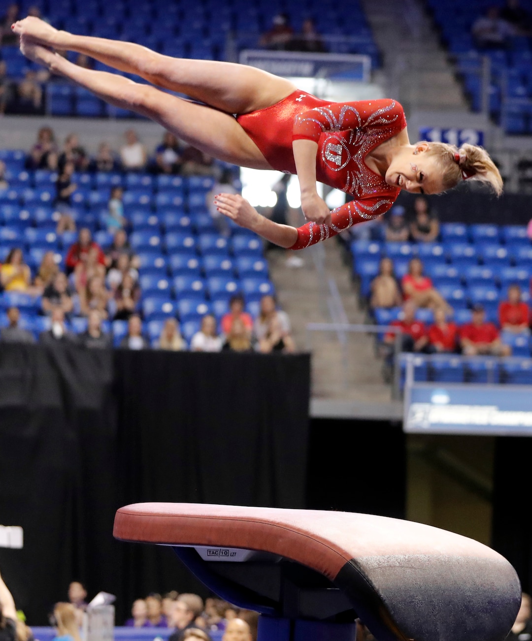 Utah's MaKenna Merrell competes on the vault during the NCAA women's gymnastics championships Friday, April 14, 2017, in St. Louis. (AP Photo/Jeff Roberson)