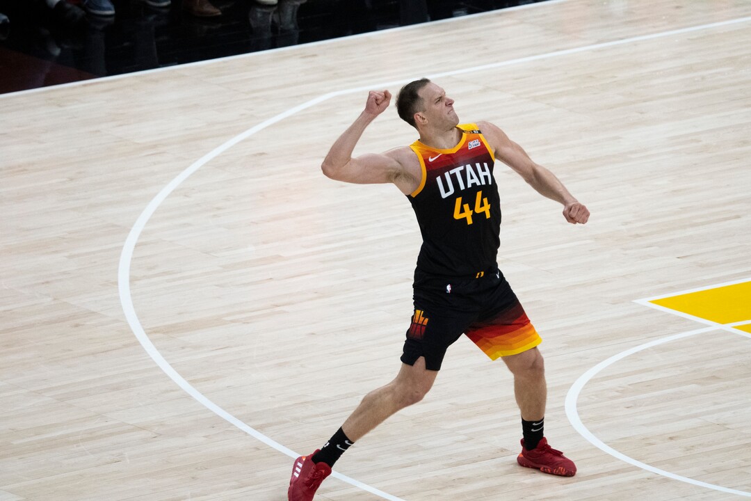 (Rick Egan | The Salt Lake Tribune) Utah Jazz forward Bojan Bogdanovic (44) reacts after sining a 3-pointer to but the Jazz up by 10 points late in the 4th quarter, in NBA action between the Utah Jazz and the LA Clippers, in game one in the second round of the NBA playoff series at Vivint Arena, on Tuesday, June 8, 2021.