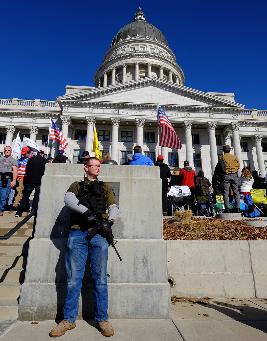 (Francisco Kjolseth  |  The Salt Lake Tribune) Jaylan Stockham joins hundreds of pro gun proponents gathered at the Utah Capitol in Salt Lake City on Saturday, Feb. 8, 2020, in response to recent proposals from legislators, including red-flag laws, universal background checks and the elimination of private transfers.
