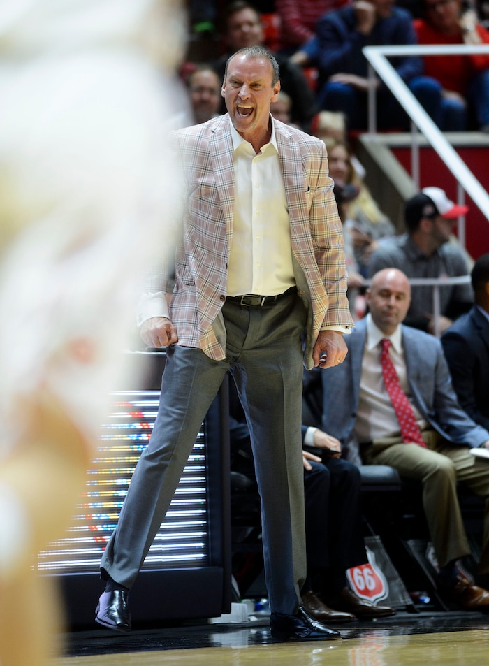 (Steve Griffin  |  The Salt Lake Tribune) Utah head coach Larry Krystkowiak screams at his players during the Utah Utes versus Arizona State Sun Devils at the Huntsman Center on the University of Utah campus in Salt Lake City Sunday January 7, 2018.