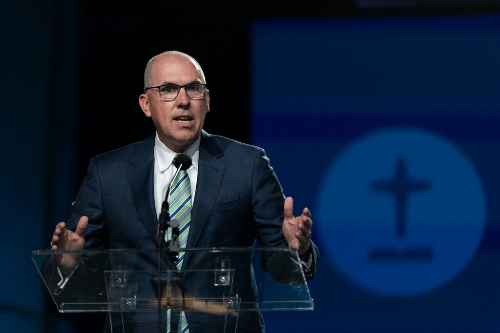 (Jae C. Hong | AP) Pastor Bart Barber, newly elected leader of the Southern Baptist Convention, speaks during the faith's annual meeting in Anaheim, Calif., Tuesday, June 14, 2022.