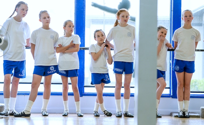 (Leah Hogsten | The Salt Lake Tribune) Celtic Beat Irish Dancers from La Rae's Dance Unlimited in Layton learn new Irish dance steps, Wednesday, April 4, 2018, from Louise O'Sullivan and Ellen Bonner, cast members and dance captains from the Broadway touring show "Riverdance," playing at the Eccles Theater in Salt Lake City on April 3-8.
