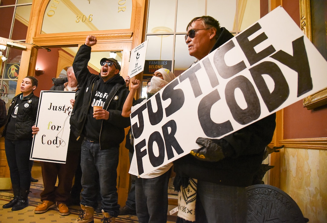 (Francisco Kjolseth  |  The Salt Lake Tribune)  Mike Belgrade, right, father of Cody Belgard, the popular Glendale rapper, who was shot by police last November, is joined by his son's and members of Utah Against Police Brutality as they try to garner a meeting with Mayor Jackie Biskupski at her office in Salt Lake City on Thursday, Jan. 10, 2019. For weeks, the family of Cody Belgard has asked to meet with Mayor Biskupski to discuss his shooting by SLCPD, to no avail. 