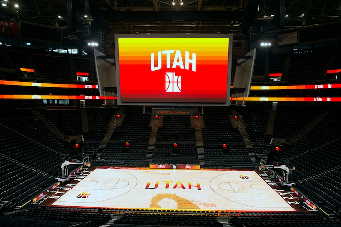 (Rick Egan  |  The Salt Lake Tribune)    The Utah Jazz will play on their new City edition court with their City Edition Uniforms, Tuesday night. Monday, January 29, 2018.