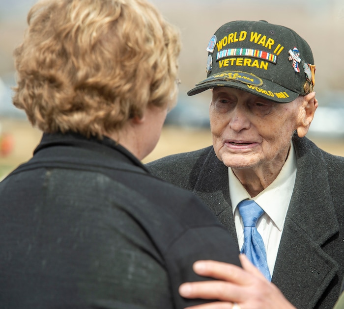  (Rick Egan  |  The Salt Lake Tribune)    Ninety Two-year-old Roy Solt who was in the Navy in World War Two, visits with Mary Ann Turner, the daughter of 2nd Lt. Lynn W. Hadfield, at Veterans Memorial Park, in Bluffdale. Thursday, March 21, 2019.


