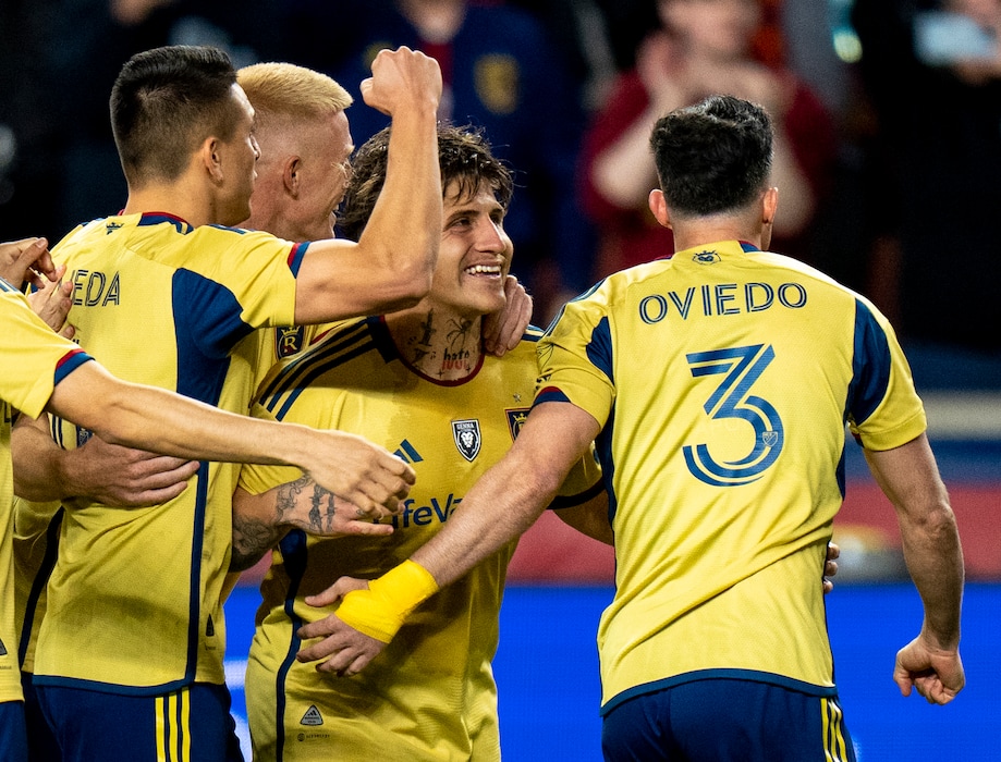 (Rick Egan | The Salt Lake Tribune) Real Salt Lake midfielder Diego Luna, center, celebrates after scoring the winning goal during a shoot-out, in MLS soccer action between Houston Dynamo and Real Salt Lake, at America First Field, in Sandy, on Monday, Nov. 6, 2023.