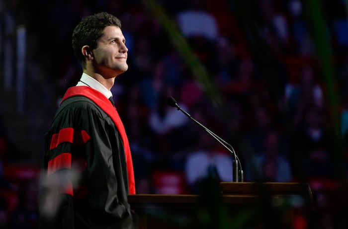 (Francisco Kjolseth  |  The Salt Lake Tribune)  University of Utah in Salt Lake City holds its 2018 commencement Thursday, May 3, 2018, at the Jon M. Huntsman Center, as Ben Nemtin, a New York Times best-selling author and star of MTV's "The Buried Life," gives the keynote speech. 