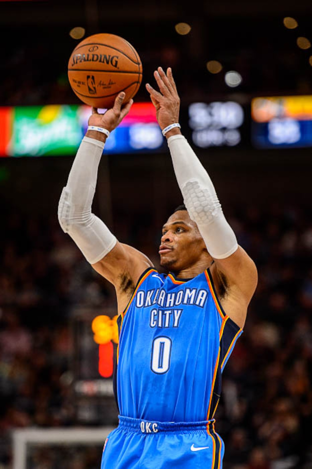 (Trent Nelson | The Salt Lake Tribune)  Oklahoma City Thunder guard Russell Westbrook (0) as the Utah Jazz host the Oklahoma City Thunder, NBA basketball in Salt Lake City, Saturday December 23, 2017.