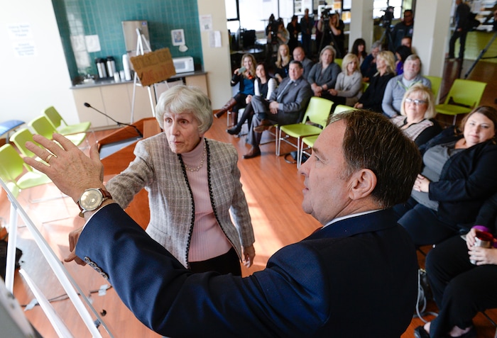 (Francisco Kjolseth | The Salt Lake Tribune) With the arrival of tax season, champion for the homeless Pamela Atkinson and Gov. Gary Herbert, gather at the YWCA Center for Women & Familes in Salt Lake on Tuesday, March 20, 2018, to encourage people to donate to the Pamela Atkinson Homeless Trust Fund on their tax forms as they demonstrate how easy it is to make a donation. All donations to the trust fund go directly to organizations statewide that help people experiencing homelessness.