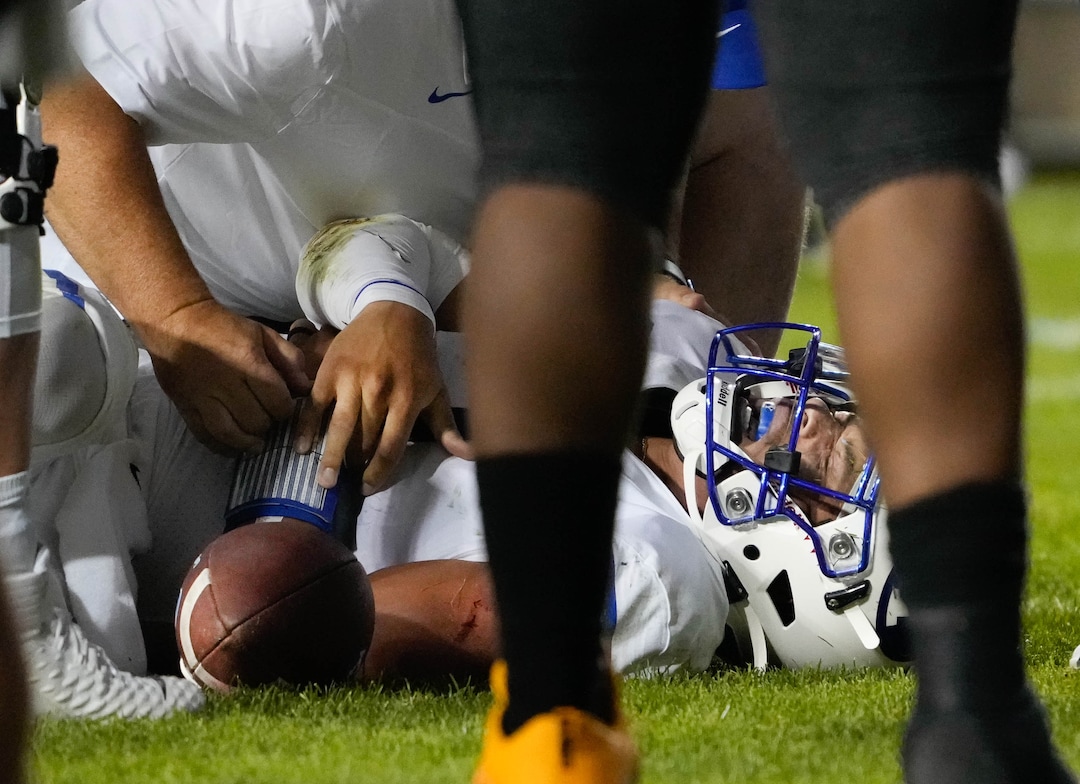 (Francisco Kjolseth | The Salt Lake Tribune) Brigham Young Cougars quarterback Jaren Hall (3) grimaces in pain after being tackled by the Arizona State Sun Devils in the final minutes of play at LaVell Edwards Stadium in Provo, on Saturday, Sept. 18, 2021.