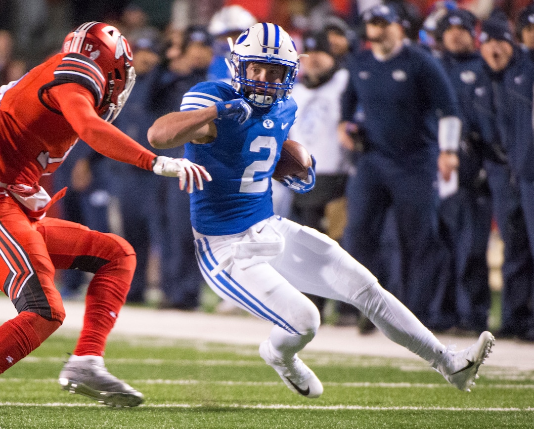 (Rick Egan  |  The Salt Lake Tribune)      Brigham Young running back Matt Hadley (2) runs the ball for the Cougars, in football action between the Brigham Young Cougars and the Utah Utes, at Rice-Eccles Stadium, Saturday, November 24, 2018.