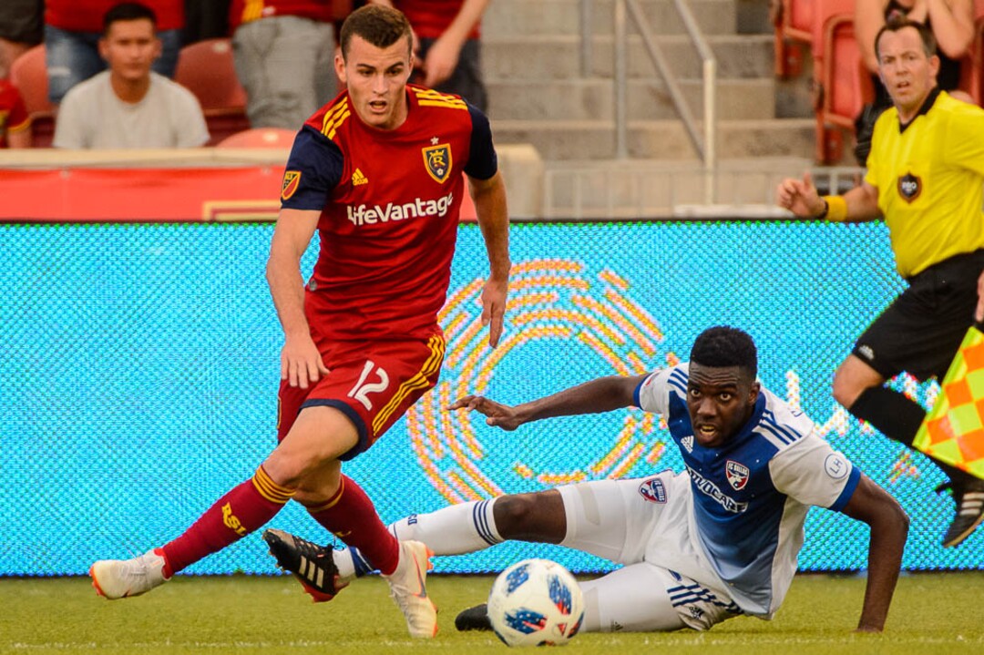 (Trent Nelson | The Salt Lake Tribune)  Real Salt Lake hosts FC Dallas, MLS soccer at Rio Tinto Stadium in Sandy, Saturday July 7, 2018. Real Salt Lake forward Brooks Lennon (12) and FC Dallas defender Kris Reaves (32).