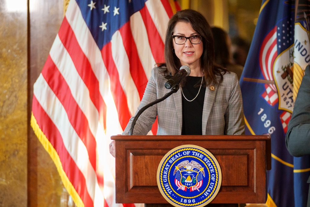 (Trent Nelson | The Salt Lake Tribune) Lt. Gov. Deidre Henderson at a news conference related to COVID-19 at the State Capitol in Salt Lake City on Friday, Jan. 14, 2022.