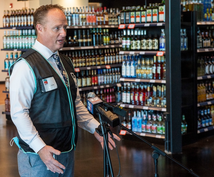 (Rick Egan | The Salt Lake Tribune) Cade Meier talks to the media before the opening of the new state liquor and wine store in Saratoga Springs, on Monday, Nov. 16, 2020.