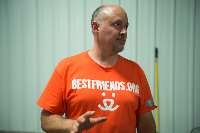 (Rachel Molenda | The Salt Lake Tribune) Judah Battista, co-found of Best Friends Animal Society, explains the orgainzation's operation in Conroe, Texas, on Wednesday, Sept. 6, 2017. A shelter was set up to house animals rescued from flooding, those surrendered by their owners and those who belong to people living in shelters following Hurricane Harvey.